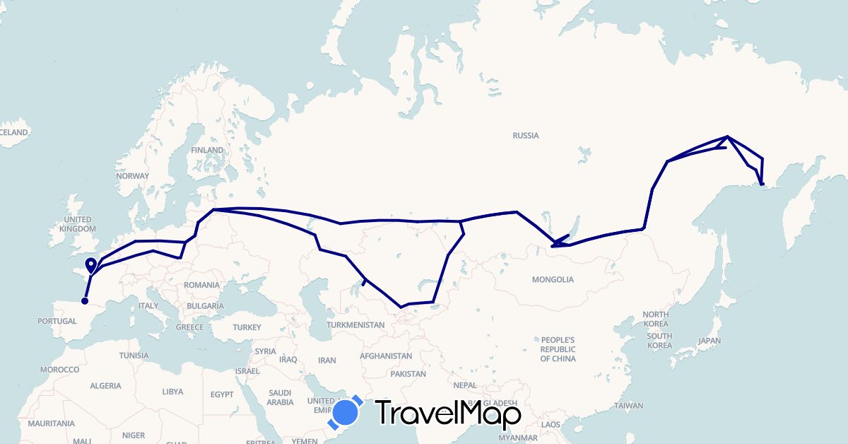 TravelMap itinerary: driving in Germany, France, Kazakhstan, Lithuania, Luxembourg, Latvia, Poland, Russia (Asia, Europe)